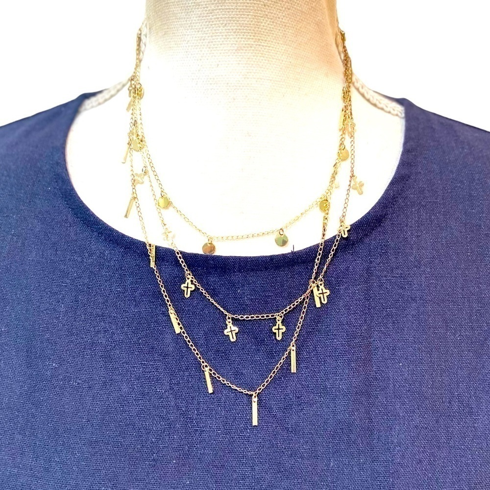 Gold tone charms delicate 3 layers necklace adjustable fine costume jewelry